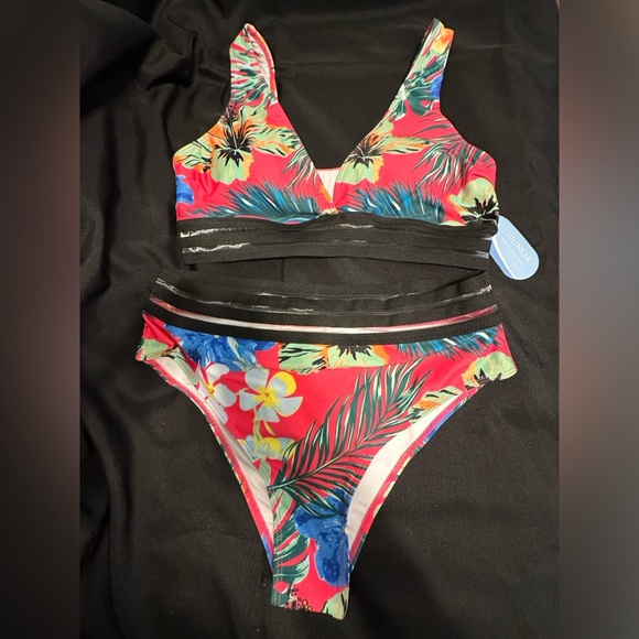Hilinker Tropical Bikini VNeck👙 Mesh Trim Swimsuit Womens NWT - Picture 2 of 6